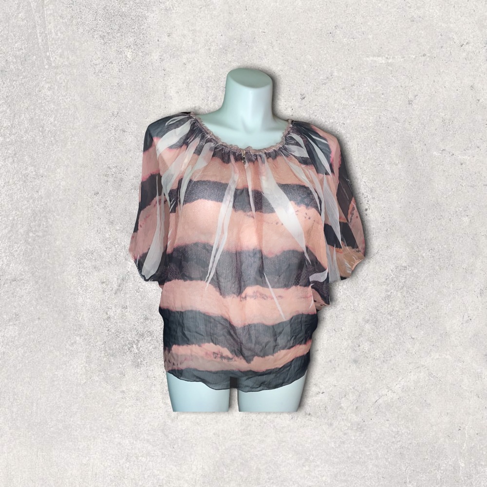 Robin K Sheer Batwing Blouse Pink Black Striped Top Size M Flowy Boho Chic